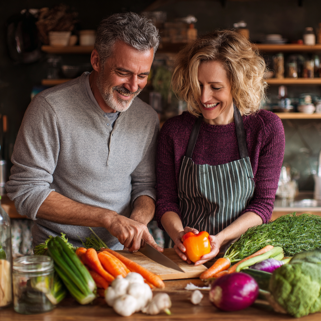 Чоловік середнього віку європейської зовнішності з радісною посмішкою готує здорову їжу на кухні, яскраве денне світло